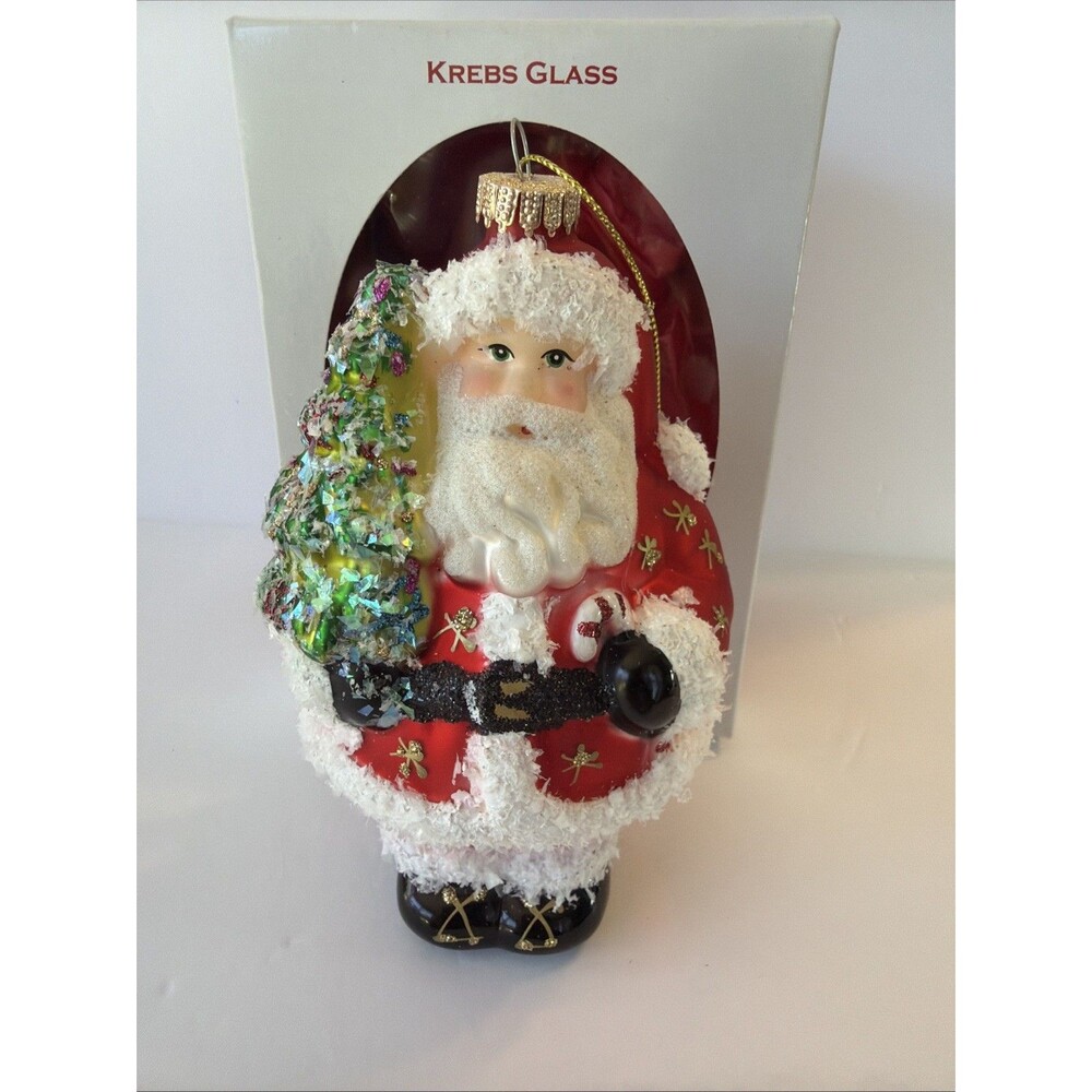 Blown Glass Santa Clause Hanging Christmas Ornament w/ Holiday Tree Krebs 5"